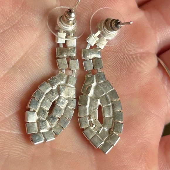 Vintage Rhinestone Dangle Earrings Marquise Silver Tone Glam Earrings - Picture 6 of 7